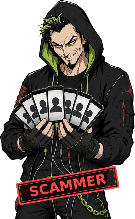 Drawn fictional click farm operator holding multiple phones with identical artificial profiles.