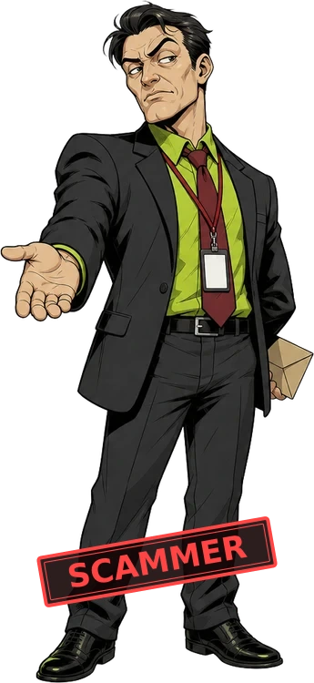 Drawn fictional corrupt company employee demanding a private payment and concealing a bribe envelope.
