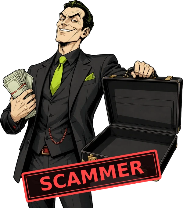 Drawn fictional dishonest agency representative taking money while presenting an empty briefcase.