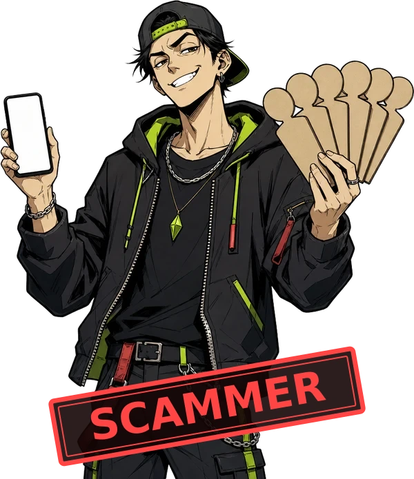 Drawn fictional fake influencer holding a phone and fabricated audience puppets.